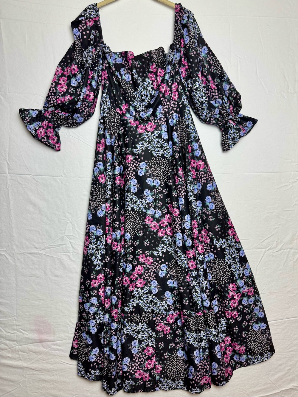 Black Floral Fairy Cottage Maxi Dress On/Off Shoulder Puff Sleeves Small